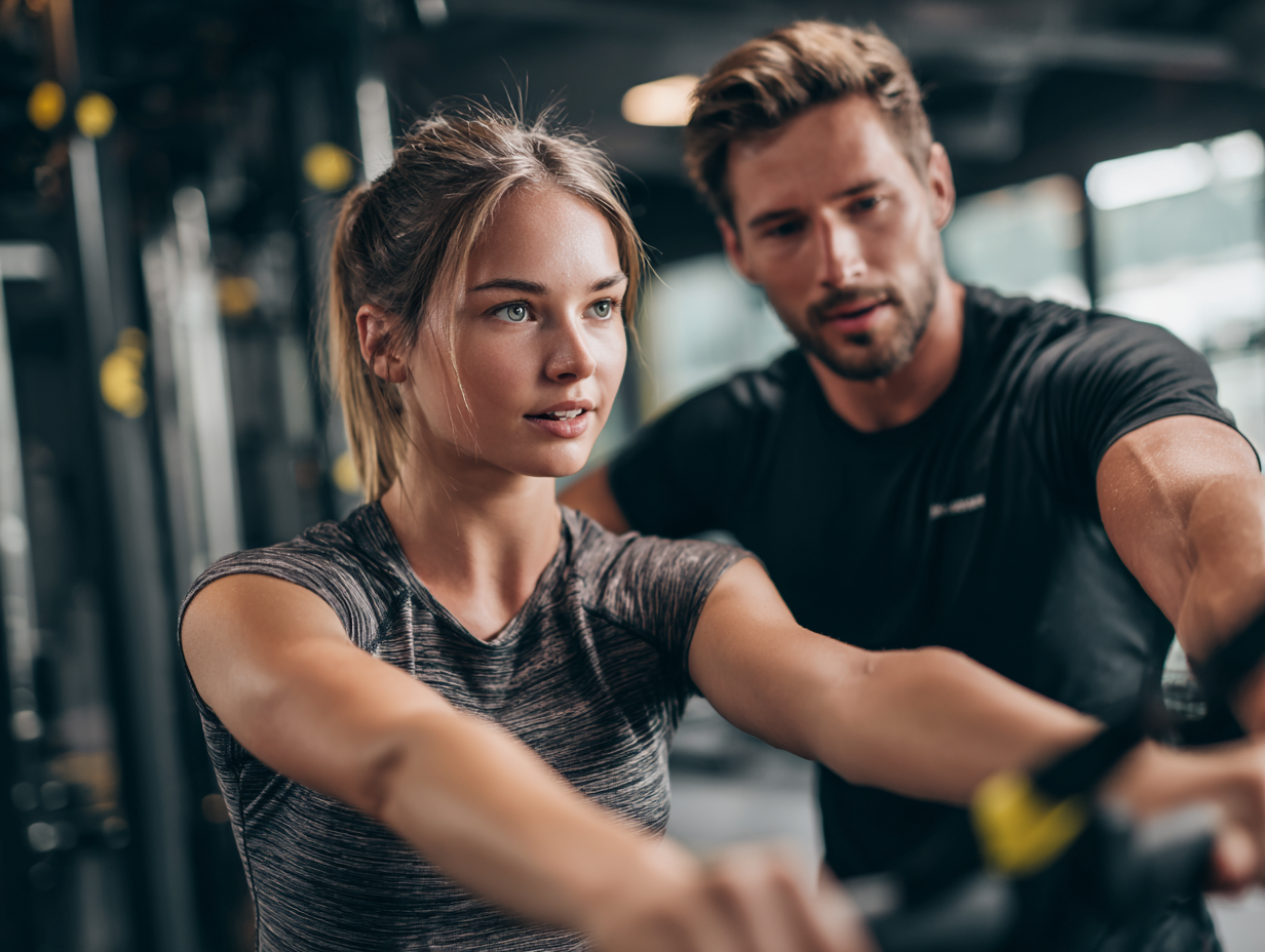 Entrenador profesional guiando ejercicio funcional